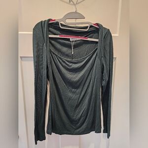 Hawiton Long Sleeve Drape Neck Top Size M Dark Green Stretch Knit Blouse